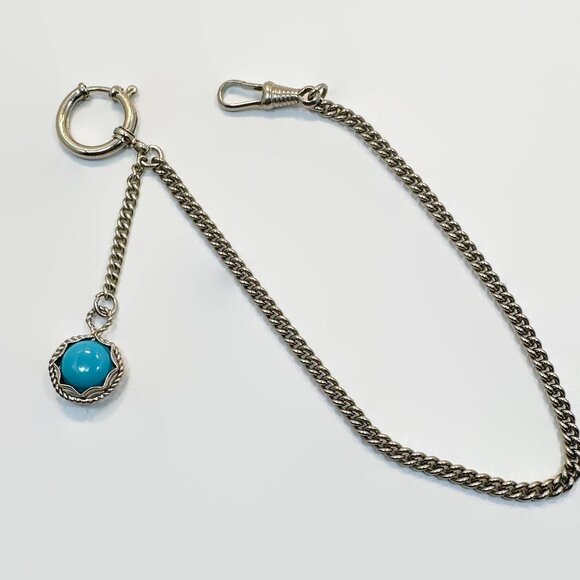 Watch Chain, Watch Fob, Turquoise Blue Glass, Dog Clip, Spring Clip, Silver Tone - Picture 4 of 4